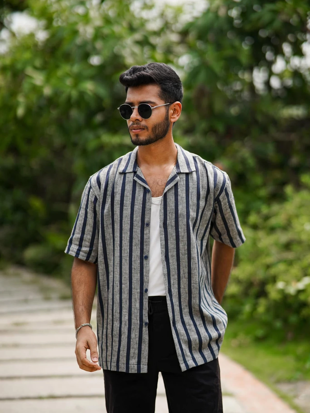 Metallic stripe cuban shirt
