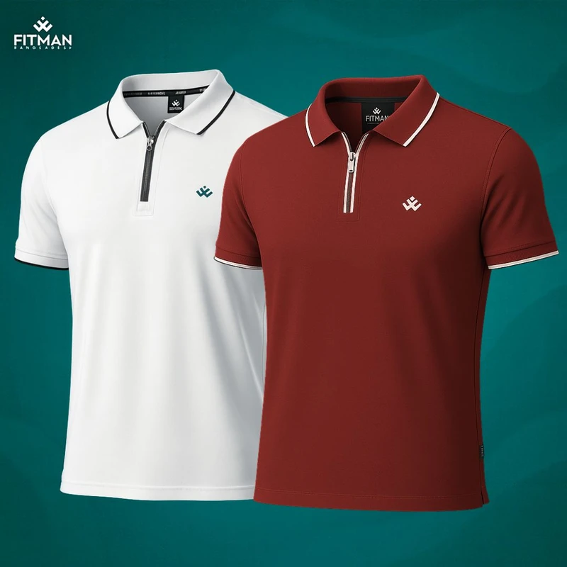 Men's Zipper Polo (Crystal White+Brick Red)