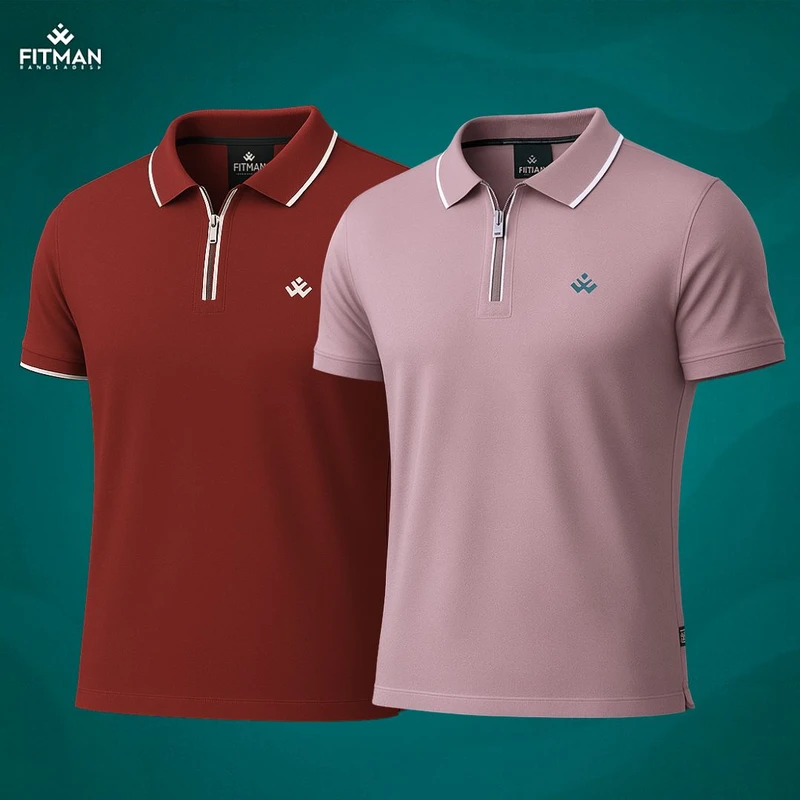 Men's Zipper Polo (Mauve Purple+Brick Red)