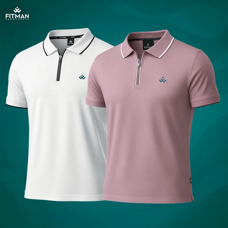 Men's Zipper Polo (Mauve Purple+Crystal White)