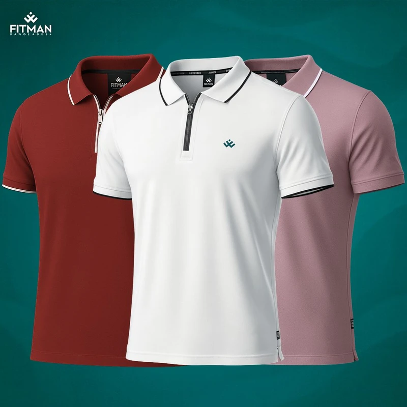 Men's Zipper Polo (Mauve Purple+Crystal White+Brick Red)