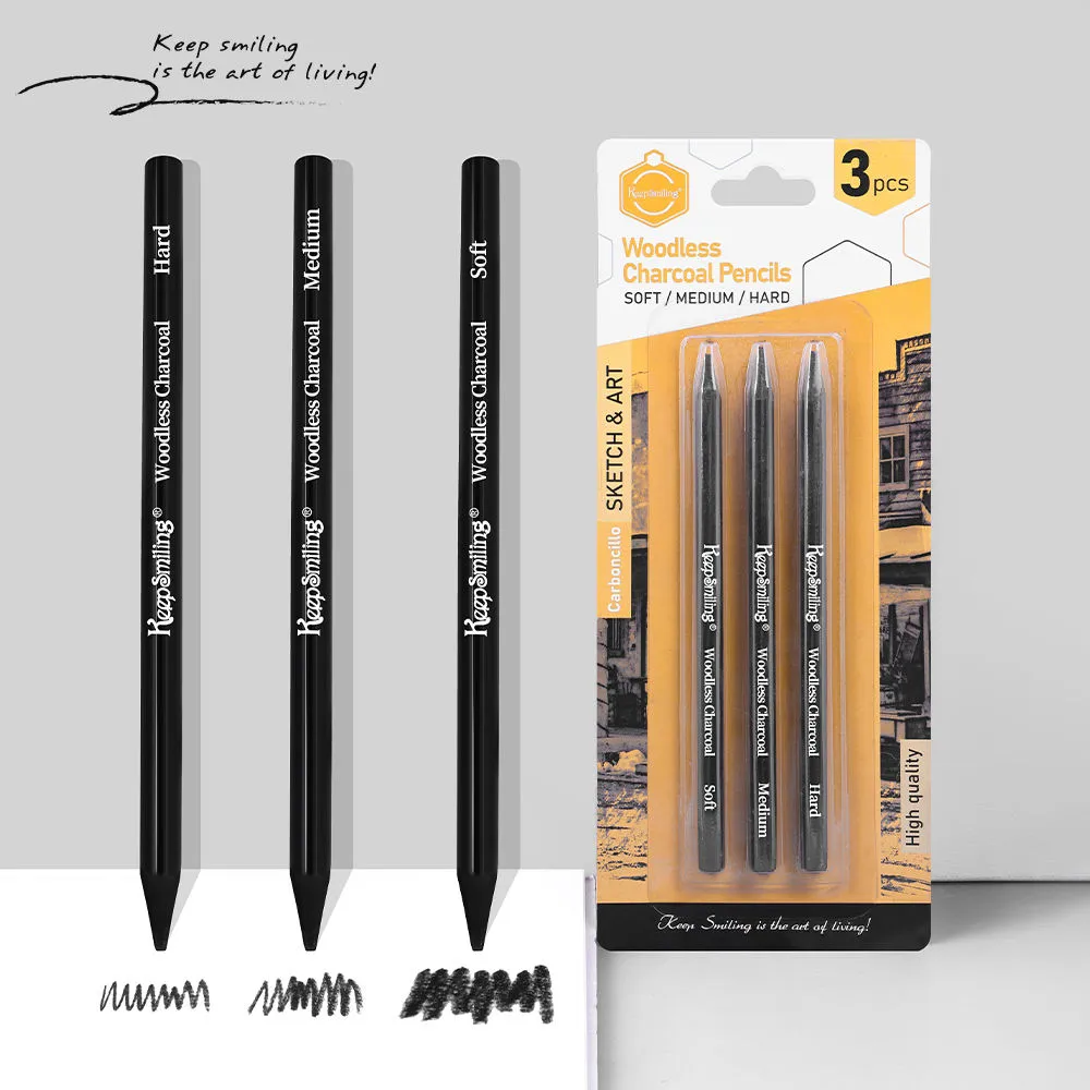 Keep Smiling Woodless Charcoal Pencil 3 Piece