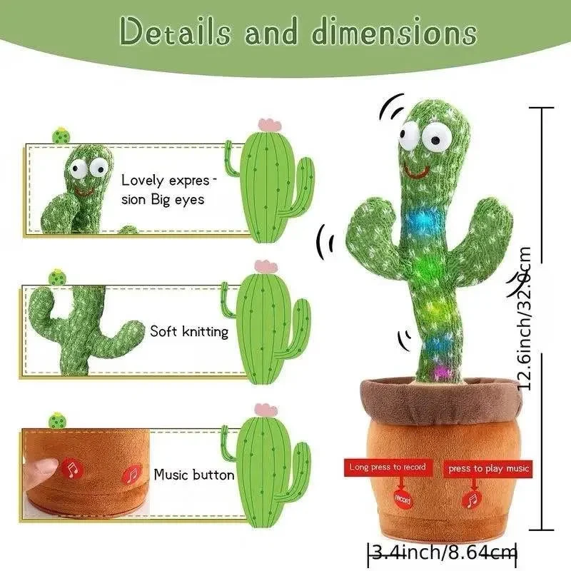 Dancing Cactus Toy – নাচে, গায়, হাসায়! 120টি গান + রেকর্ডিং ফিচার | Swing & Light Musical Fun Toy - Image 4