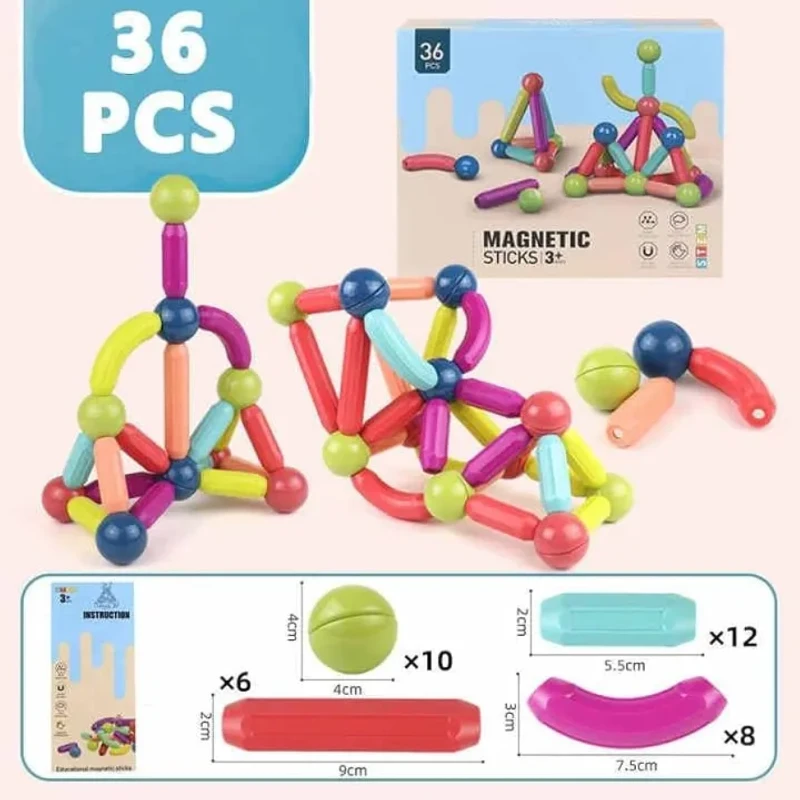 Magnetic Building Blocks Set – শিশুদের শেখা আর খেলায় হবে একসাথে! | 16-64 পিস ম্যাগনেটিক স্টিক্স কনস্ট্রাকশন টয় - Image 6