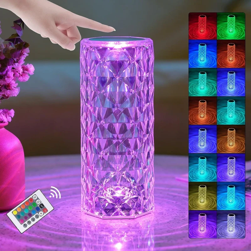 Rose Diamond RGB Lamp – ১৬ রঙের LED নাইট ল্যাম্প | টাচ + রিমোট | রিচার্জেবল ক্রিস্টাল আলো