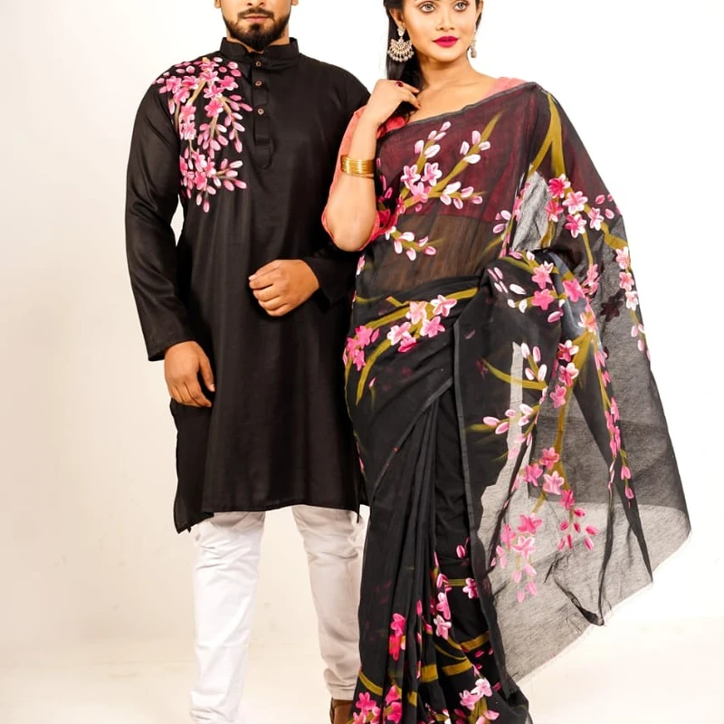 হ্যান্ড প্রিন্ট শাড়ি পান্জাবী ম্যাচিং কাপল সেট (171)
