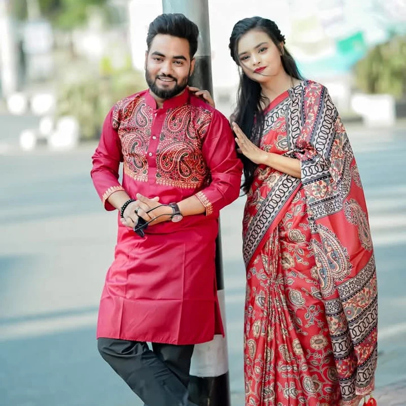 ম্যাচিং কাপল সেট শাড়ি পাঞ্জাবিতে ডিজিটাল প্রিন্ট (415)