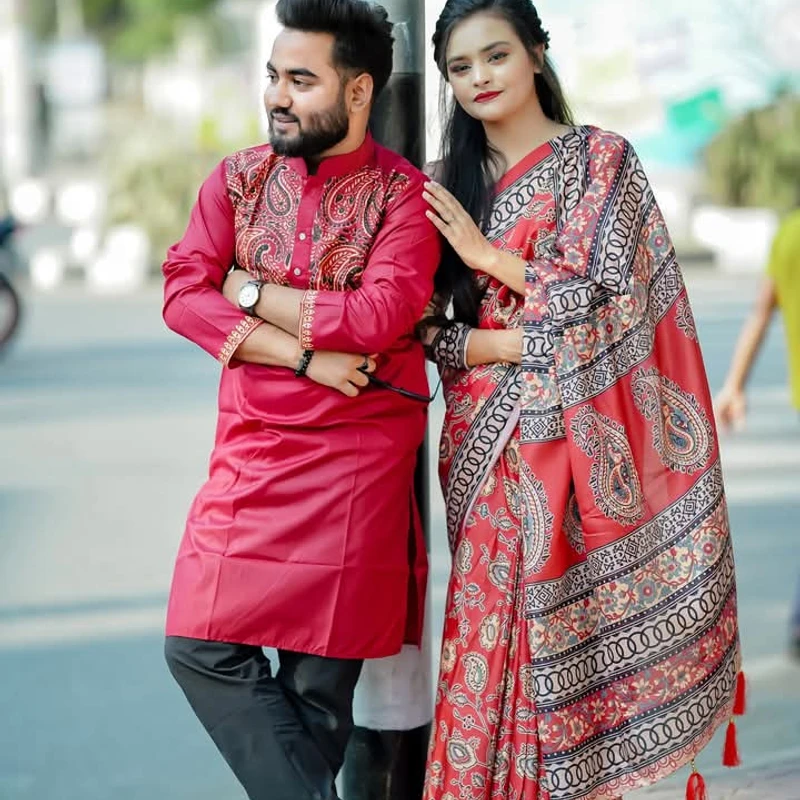 ম্যাচিং কাপল সেট শাড়ি পাঞ্জাবিতে ডিজিটাল প্রিন্ট (415) - Image 3
