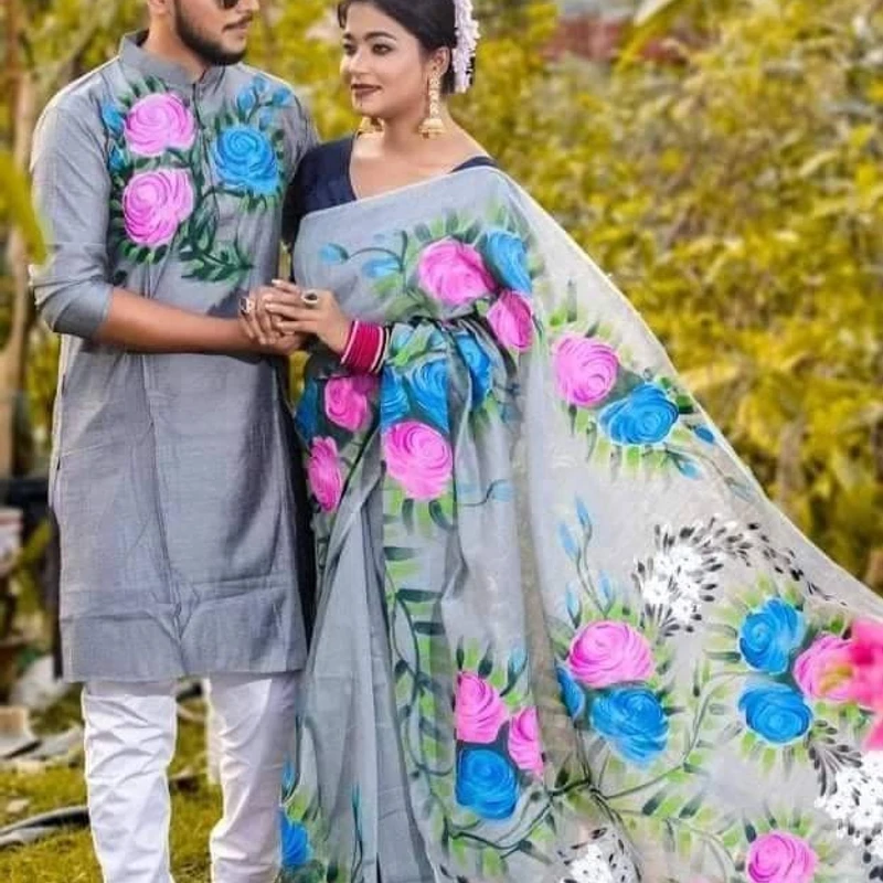 হ্যান্ড প্রিন্ট শাড়ি পান্জাবী ম্যাচিং কাপল সেট (166)