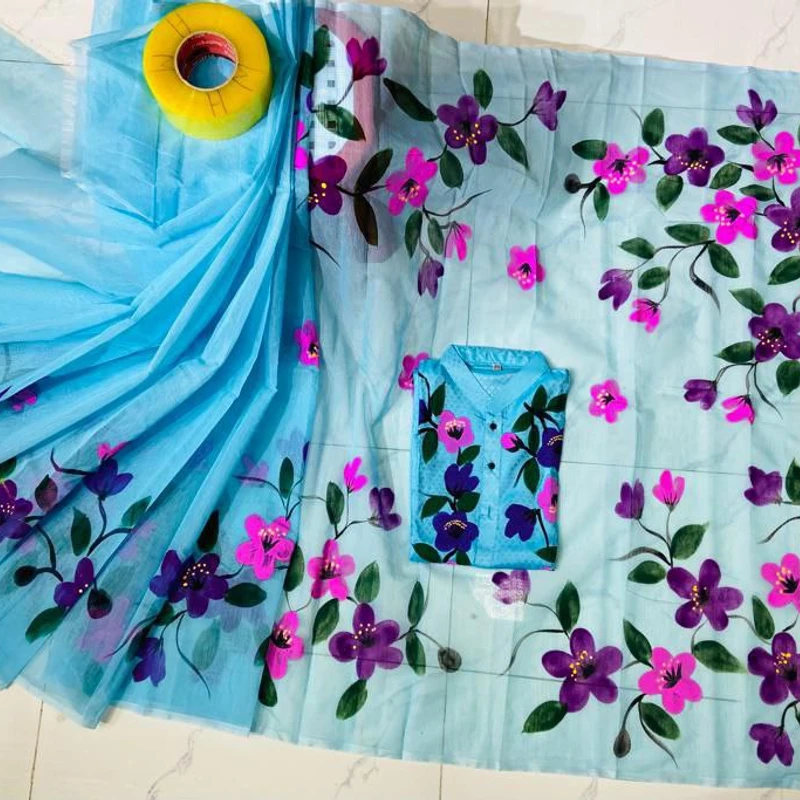 হ্যান্ড প্রিন্ট শাড়ি পান্জাবী ম্যাচিং কাপল সেট (190)