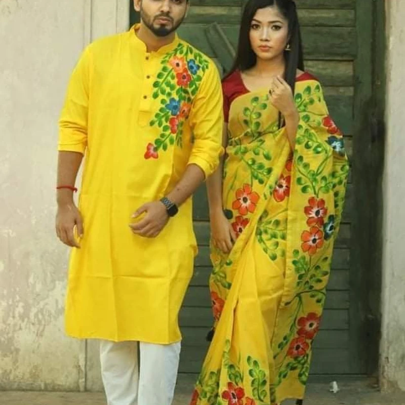 হ্যান্ড প্রিন্ট শাড়ি পান্জাবী ম্যাচিং কাপল সেট (139)