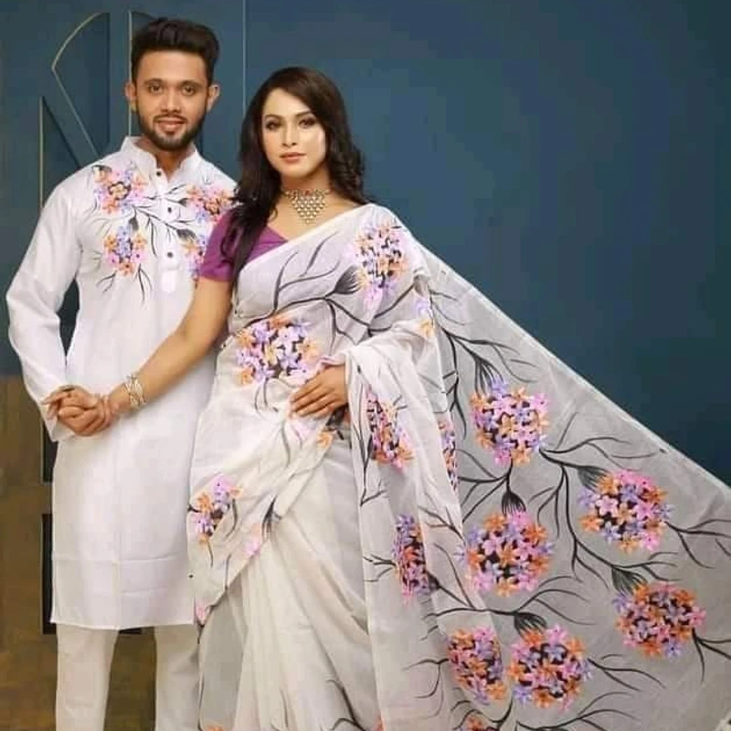 হ্যান্ড প্রিন্ট শাড়ি পান্জাবী ম্যাচিং কাপল সেট (170)