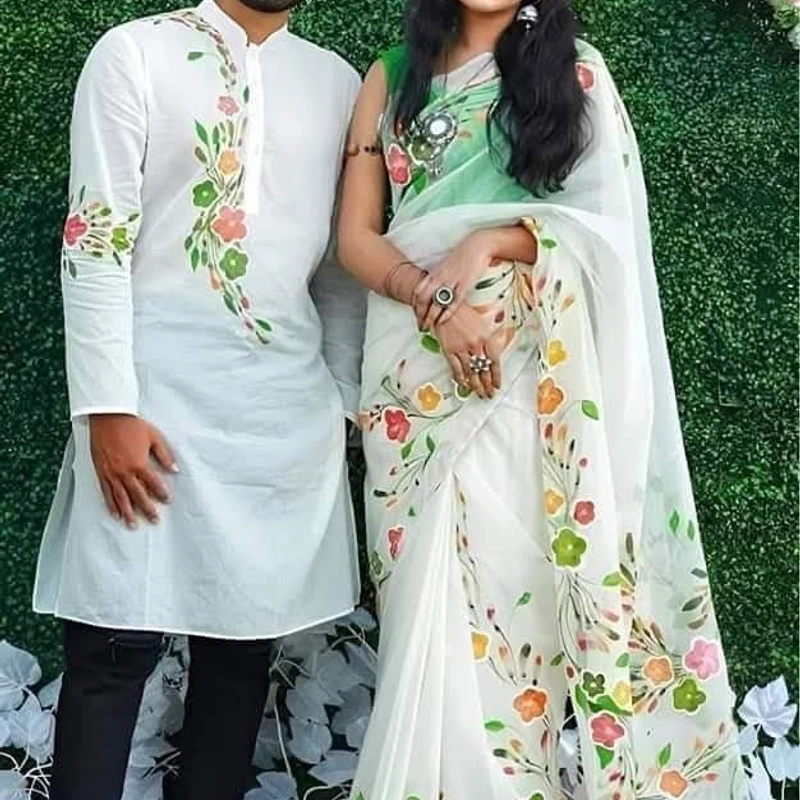 হ্যান্ড প্রিন্ট শাড়ি পান্জাবী ম্যাচিং কাপল সেট (132)