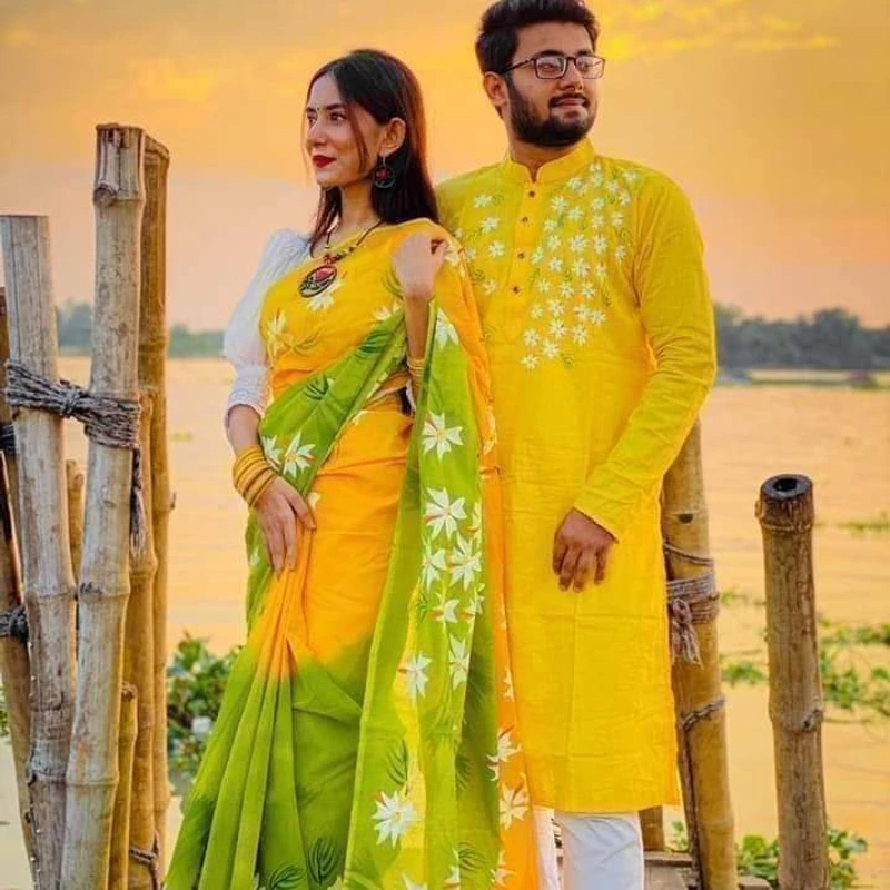 হ্যান্ড প্রিন্ট শাড়ি পান্জাবী ম্যাচিং কাপল সেট (131)