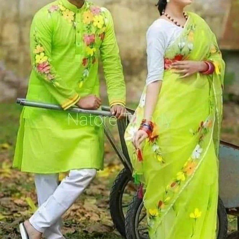হ্যান্ড প্রিন্ট শাড়ি পান্জাবী ম্যাচিং কাপল সেট (138)