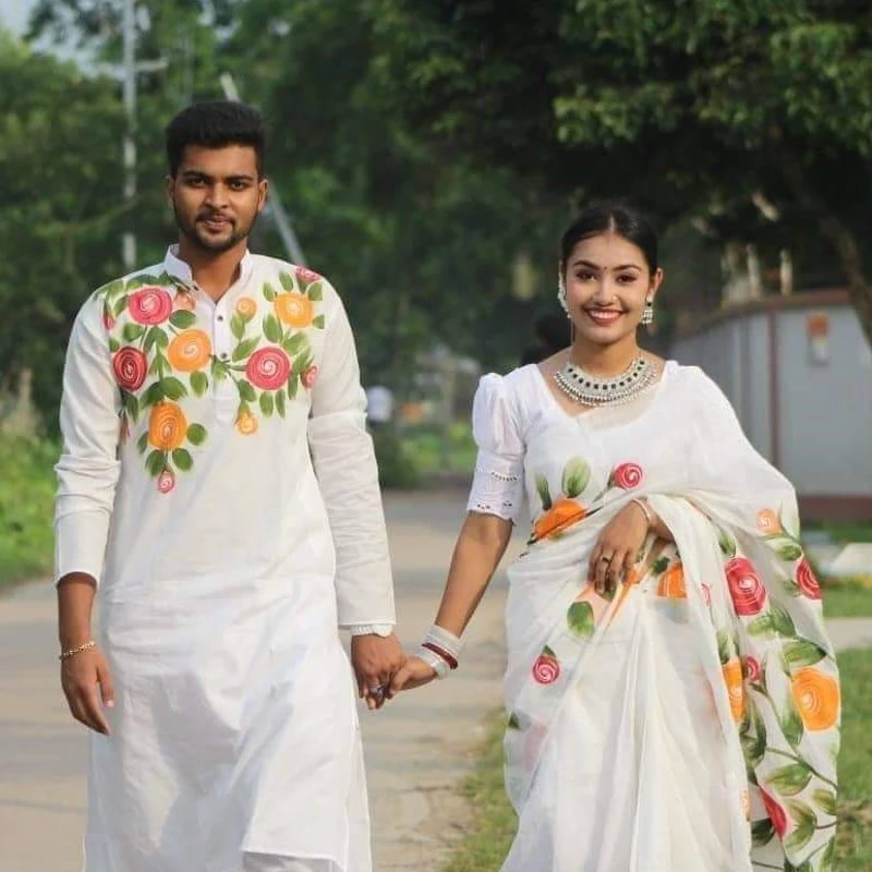 হ্যান্ড প্রিন্ট শাড়ি পান্জাবী ম্যাচিং কাপল সেট (169)