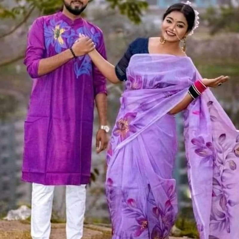 হ্যান্ড প্রিন্ট শাড়ি পান্জাবী ম্যাচিং কাপল সেট (167)