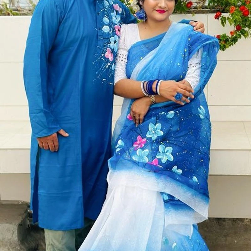 হ্যান্ড প্রিন্ট শাড়ি পান্জাবী ম্যাচিং কাপল সেট (141)