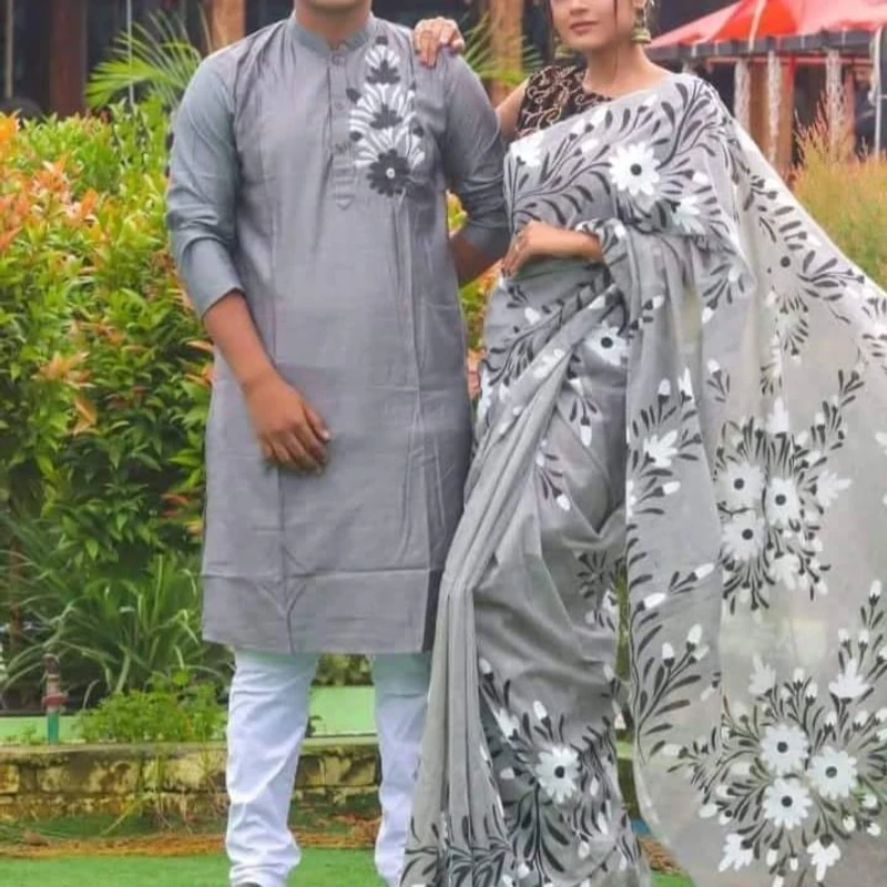 হ্যান্ড প্রিন্ট শাড়ি পান্জাবী ম্যাচিং কাপল সেট (135)