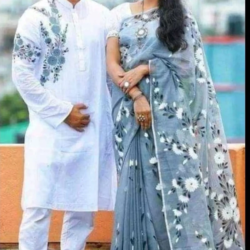 হ্যান্ড প্রিন্ট শাড়ি পান্জাবী ম্যাচিং কাপল সেট (134)