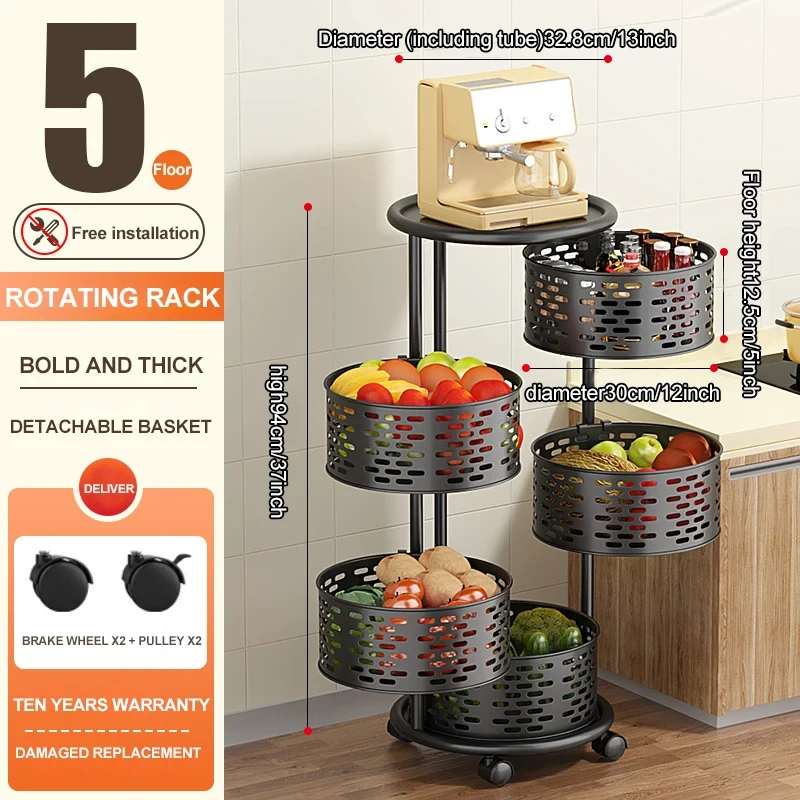 Stainless Steel 360 Degree Fruit Vegetable Storage Rack - 5 Layers - Black - Image 4