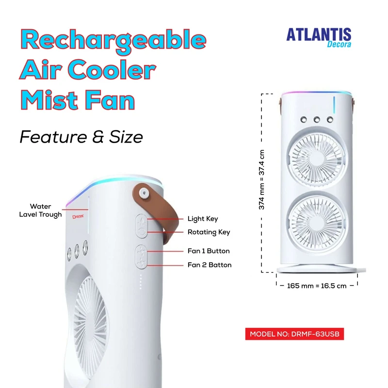 Disnie DRMF-63USB Rechargeable Double Head Portable Mini Air Cooling Mist Fan with Remote