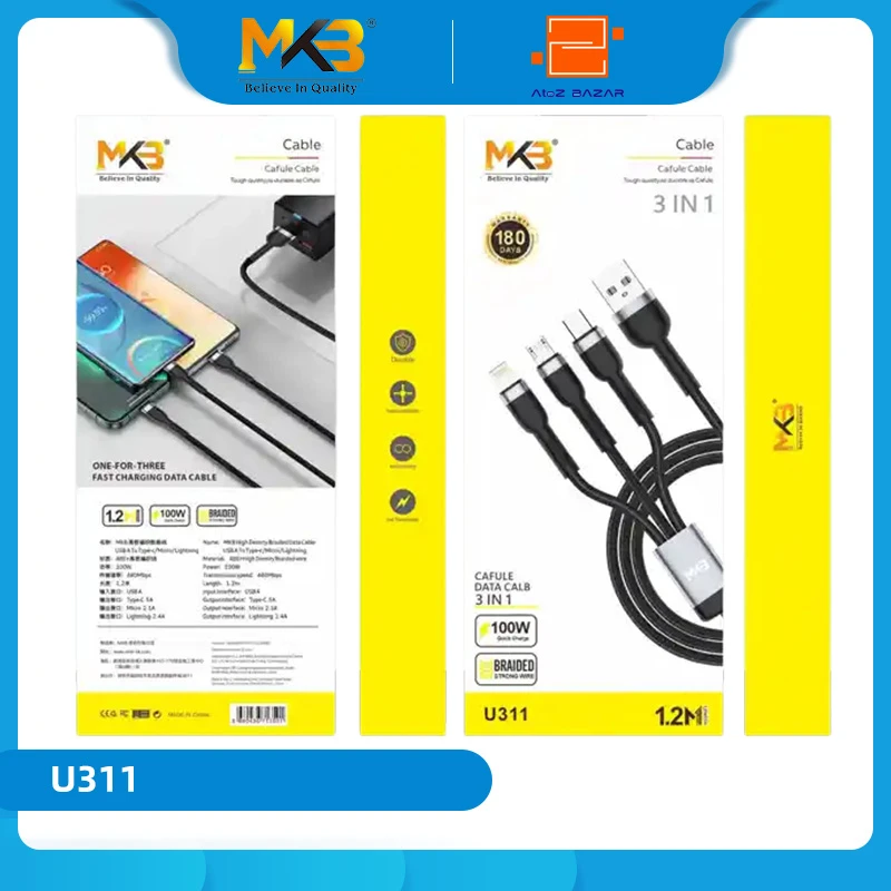 MKB UC311 3 In 1 Braided 100w Charging Cable