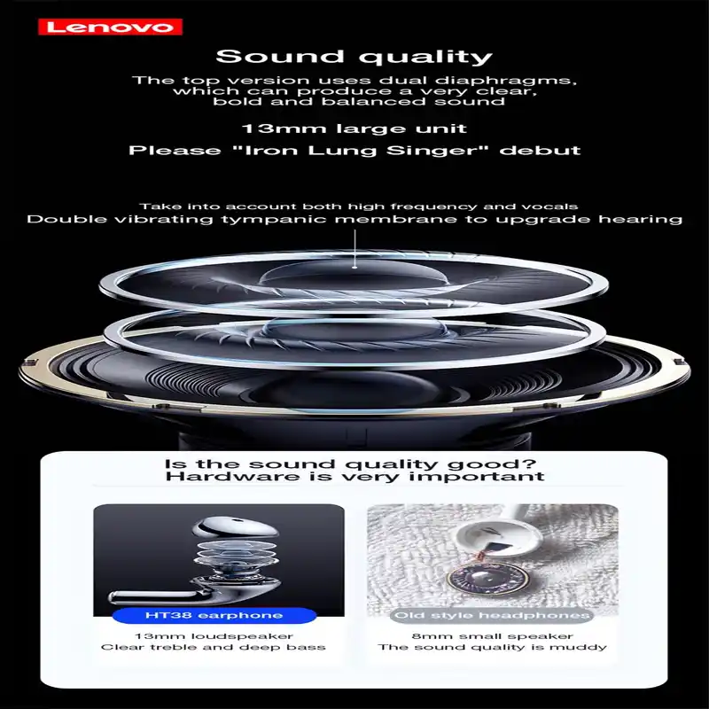 Lenovo HT38 Wireless Bluetooth Earphones Waterproof TWS 9D Stereo Sound Touch Control Low Latency With Mic - Image 3