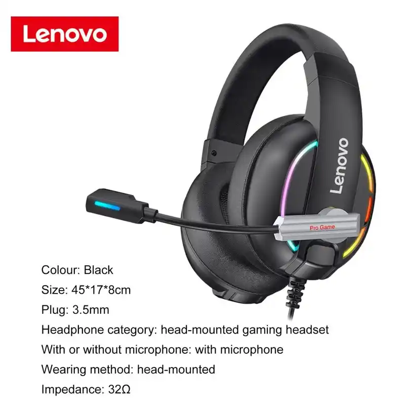 Lenovo HU75 RGB Wired Gaming Headphone HiFi Surround Sound RGB Colorful Light Headphone With Mic