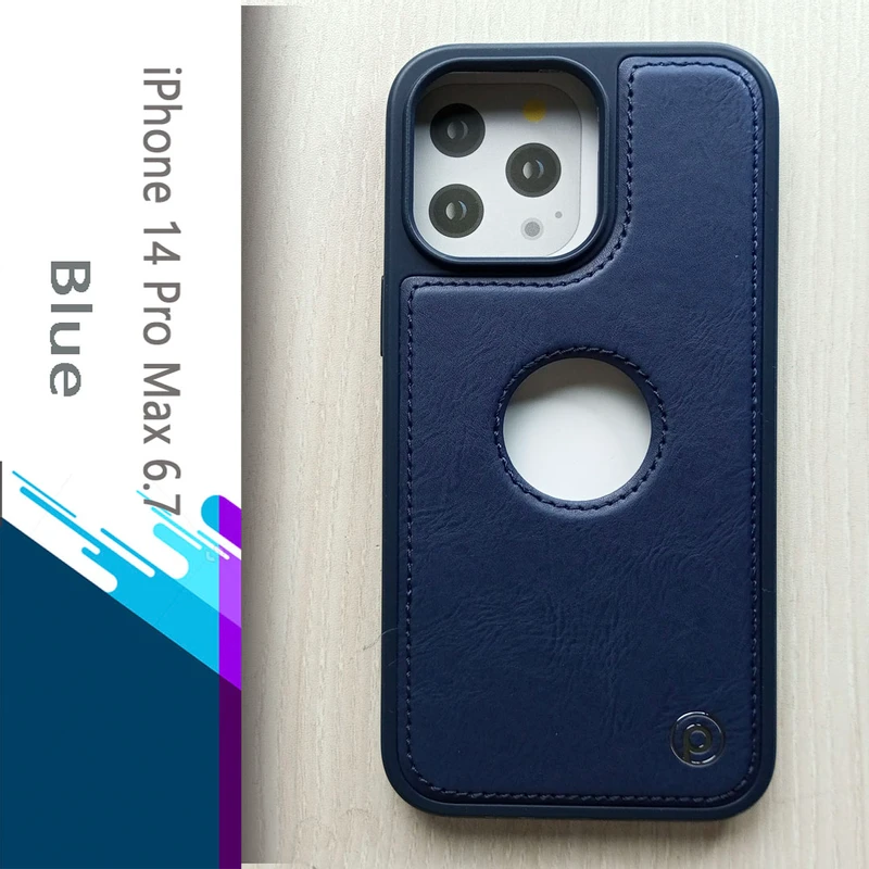 Piblue Drop Protective Logo Cut Leather Case For iPhone 14 series models - Blue