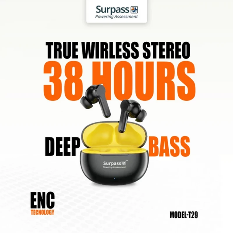 Surpass T29 ENC Wireless Earbuds – Bluetooth 5.3, 38H Battery, Super Bass - Image 3