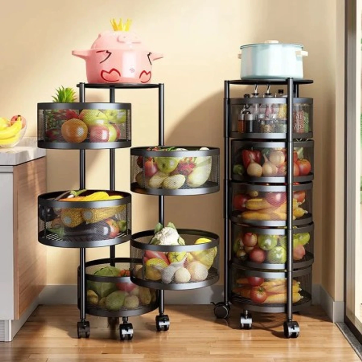 Stainless Steel 5 Layers Kitchen Rotating Shelf 360 Degree Baskets Fruit Vegetable Storage Rack Floor Round Shelf with Wheels