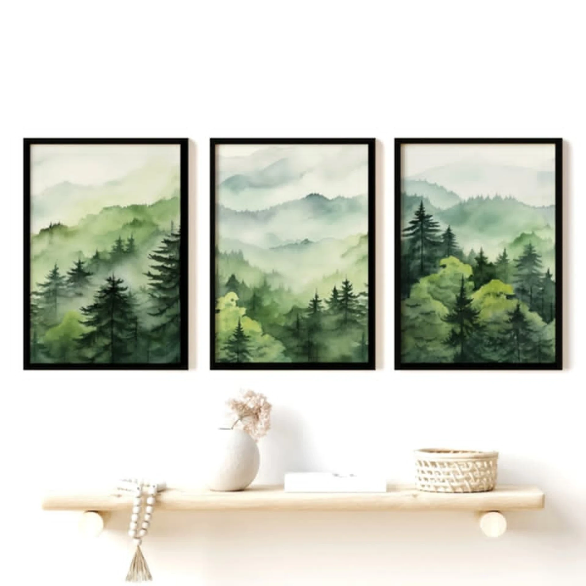 Set of 3 Green Forest Nature Scenery -Watercolor