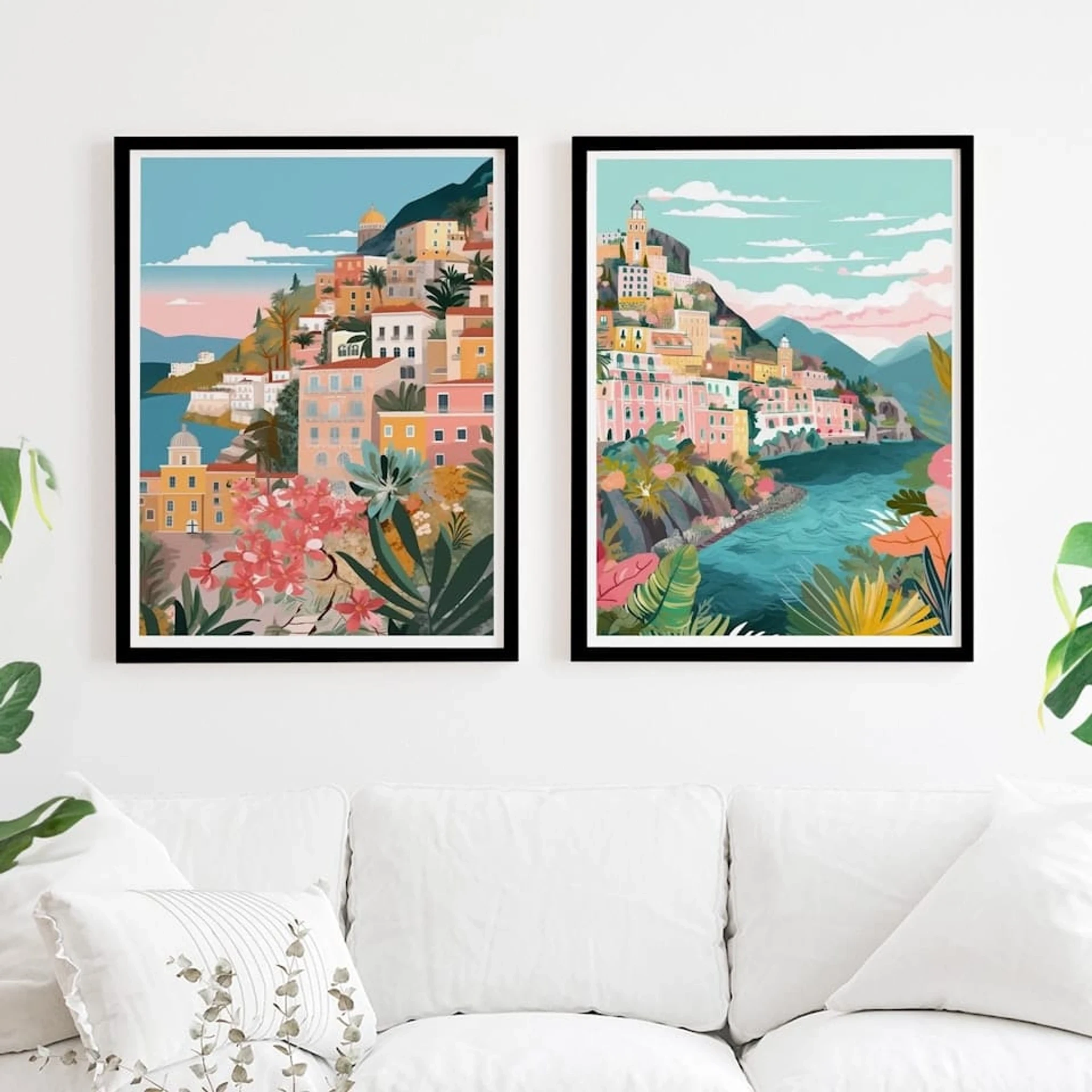 Set of 2 Travel Art Amalfi Coast painting - Black Framed Art