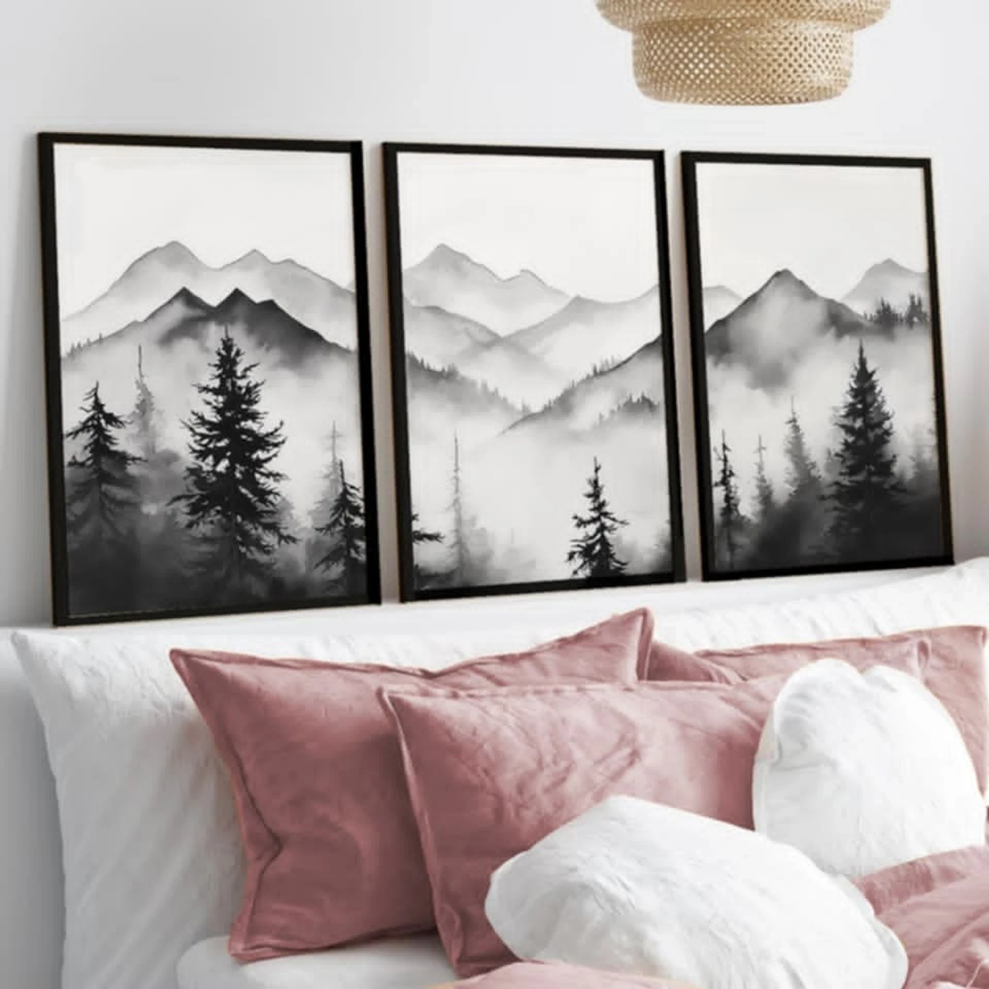 Set of 3 Mountain Forest Black & White Watercolor