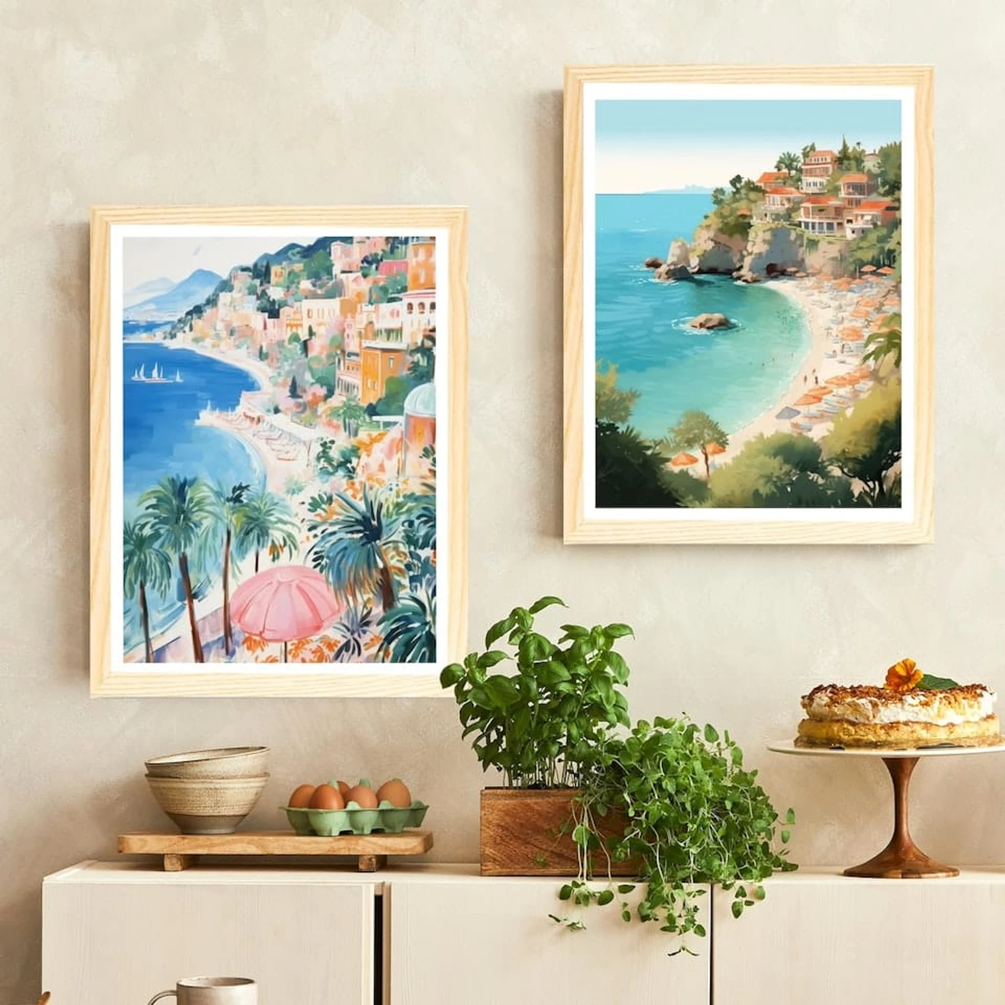 Set of 2 Mediterranean Beach - Oak Framed Art