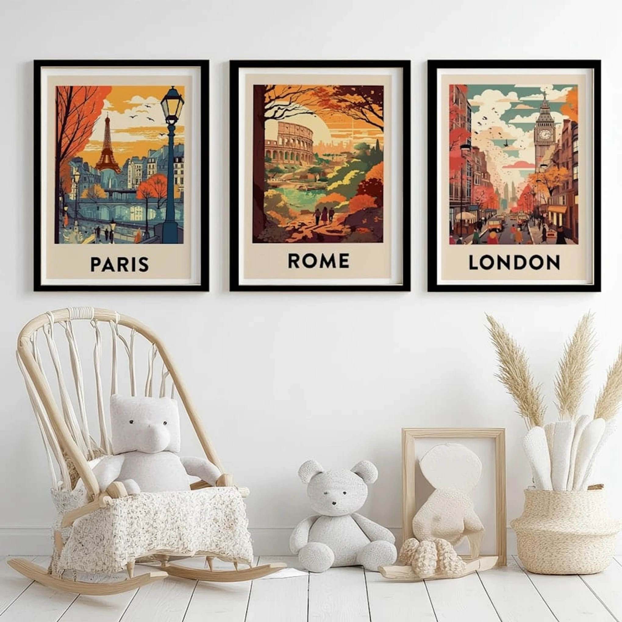 Set of 3 Vintage Travel Posters Paris, Rome, London