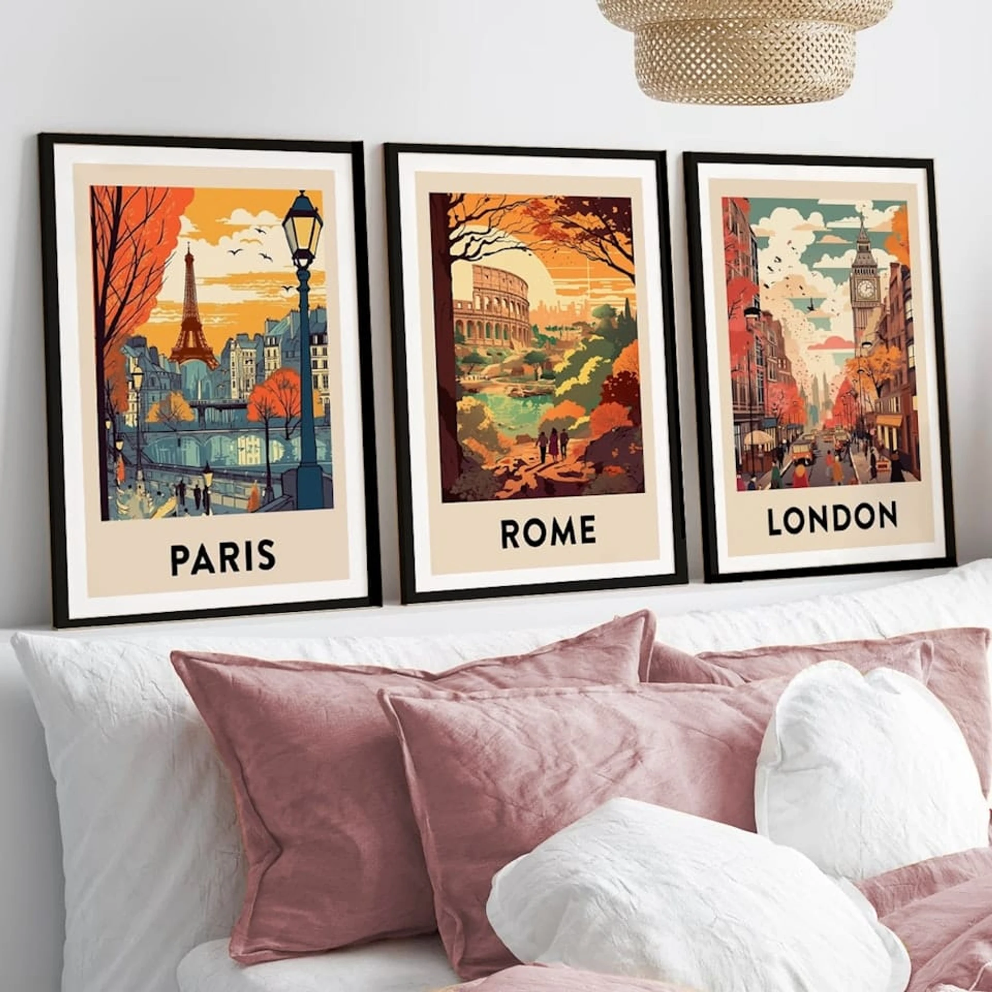 Set of 3 Vintage Travel Posters Paris, Rome, London