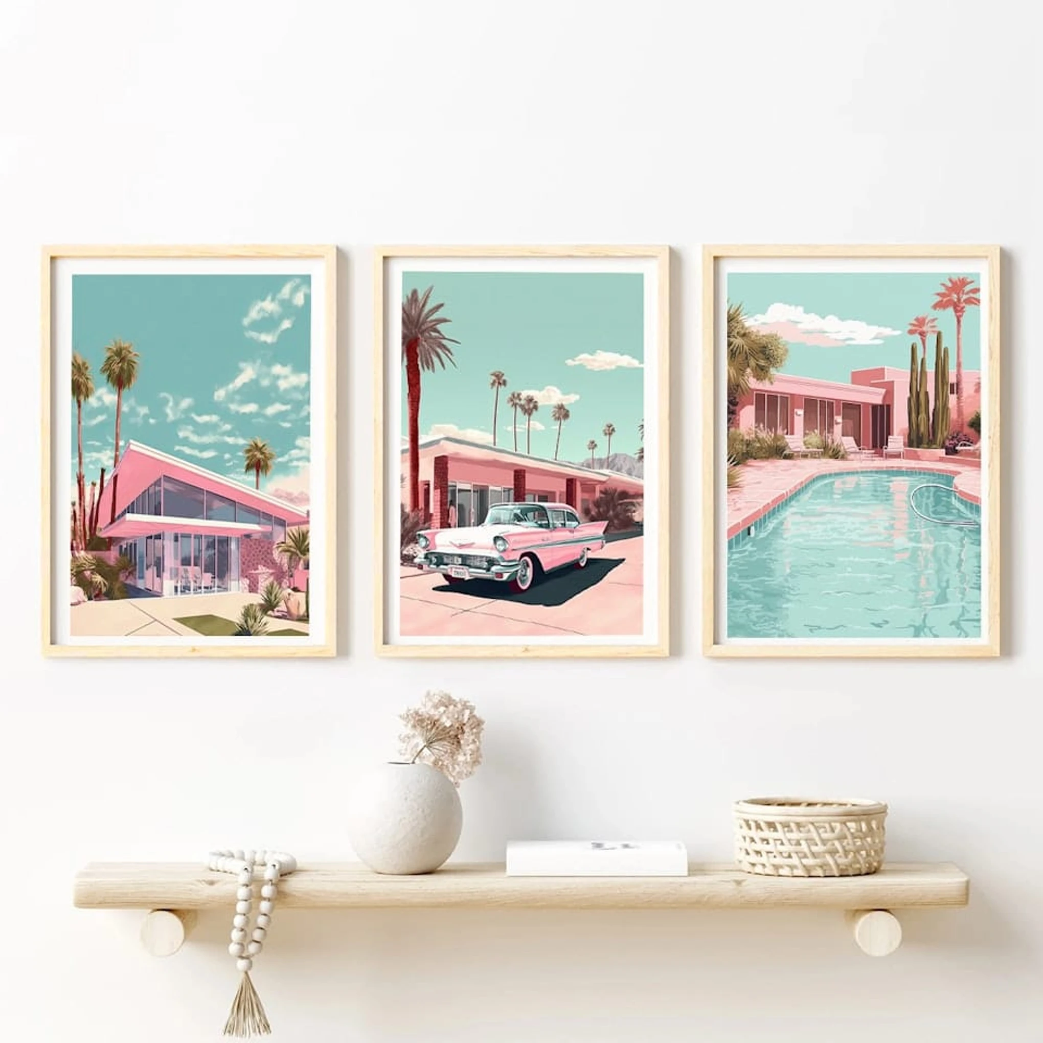 Set of 3 Travel Art Retro Kitsch Miami and Palm Springs