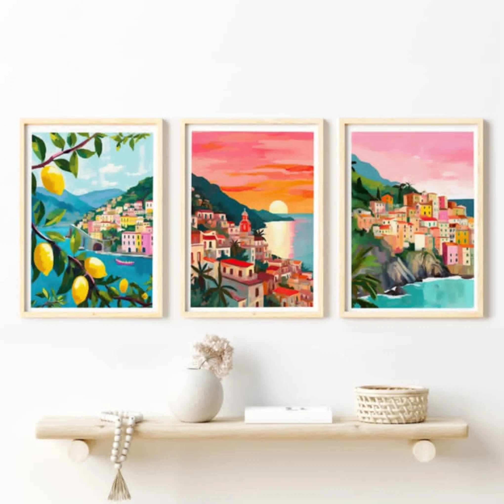 Set of 3 Travel Italy Amalfi Cinqueterre - Oak Framed Art