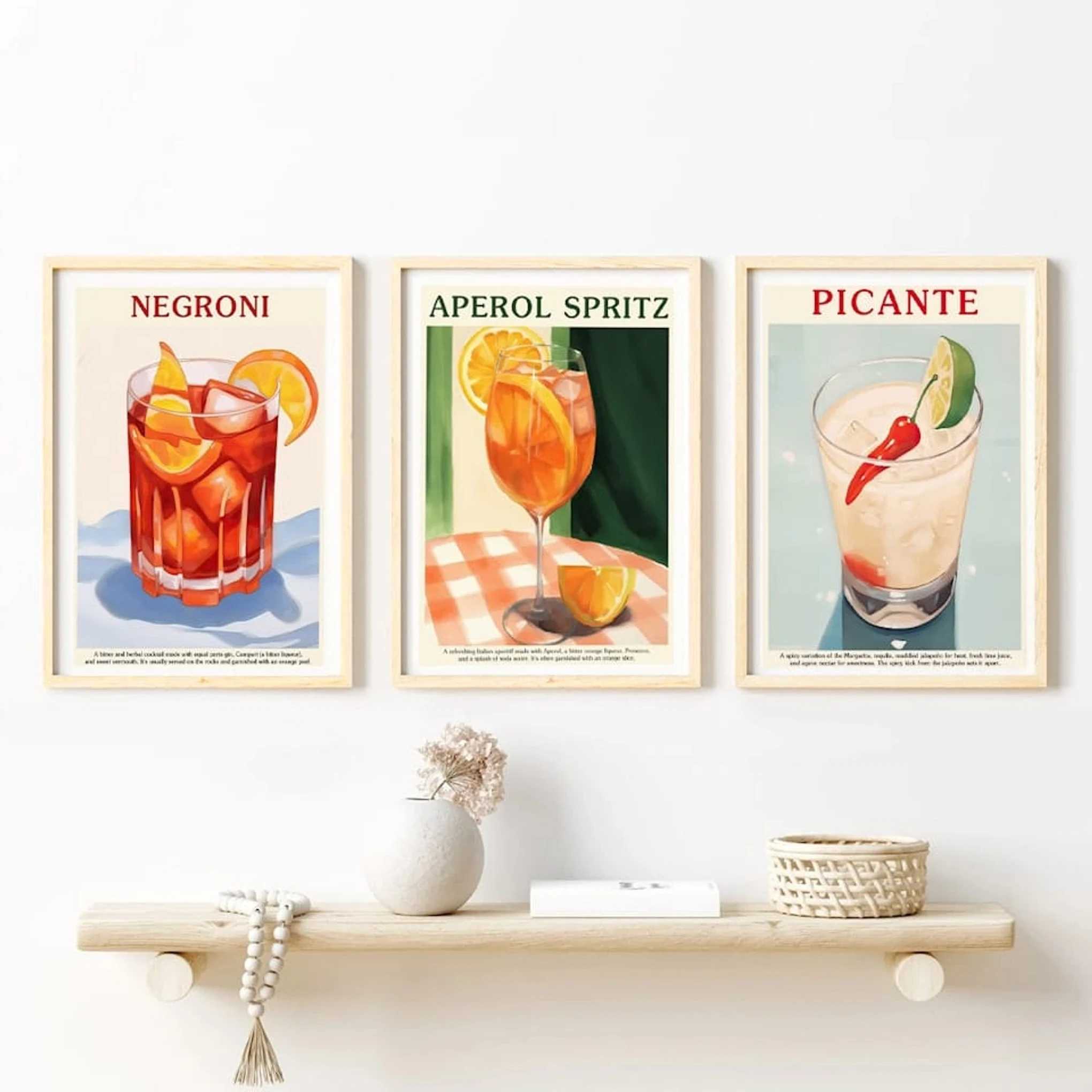 Set of 3 Cocktail Art Aperol Negroni Picante