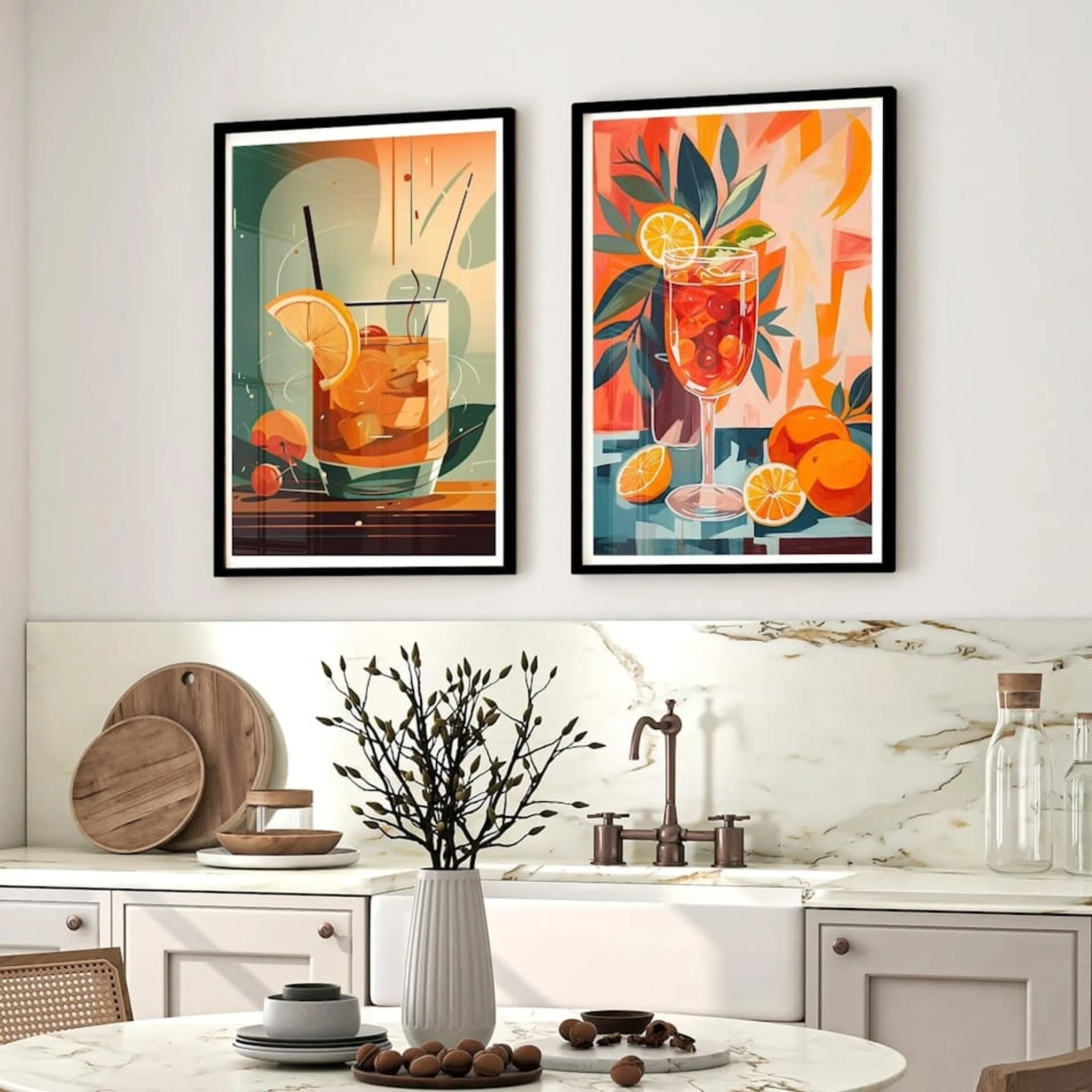 Set of 2 Cocktails Vintage Prints Old Fashioned Aperol Spritz - Black Framed Art