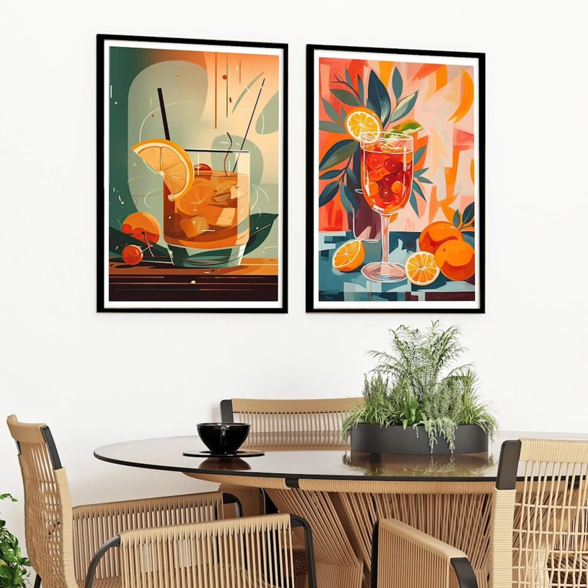 Set of 2 Cocktails Vintage Prints Old Fashioned Aperol Spritz - Black Framed Art