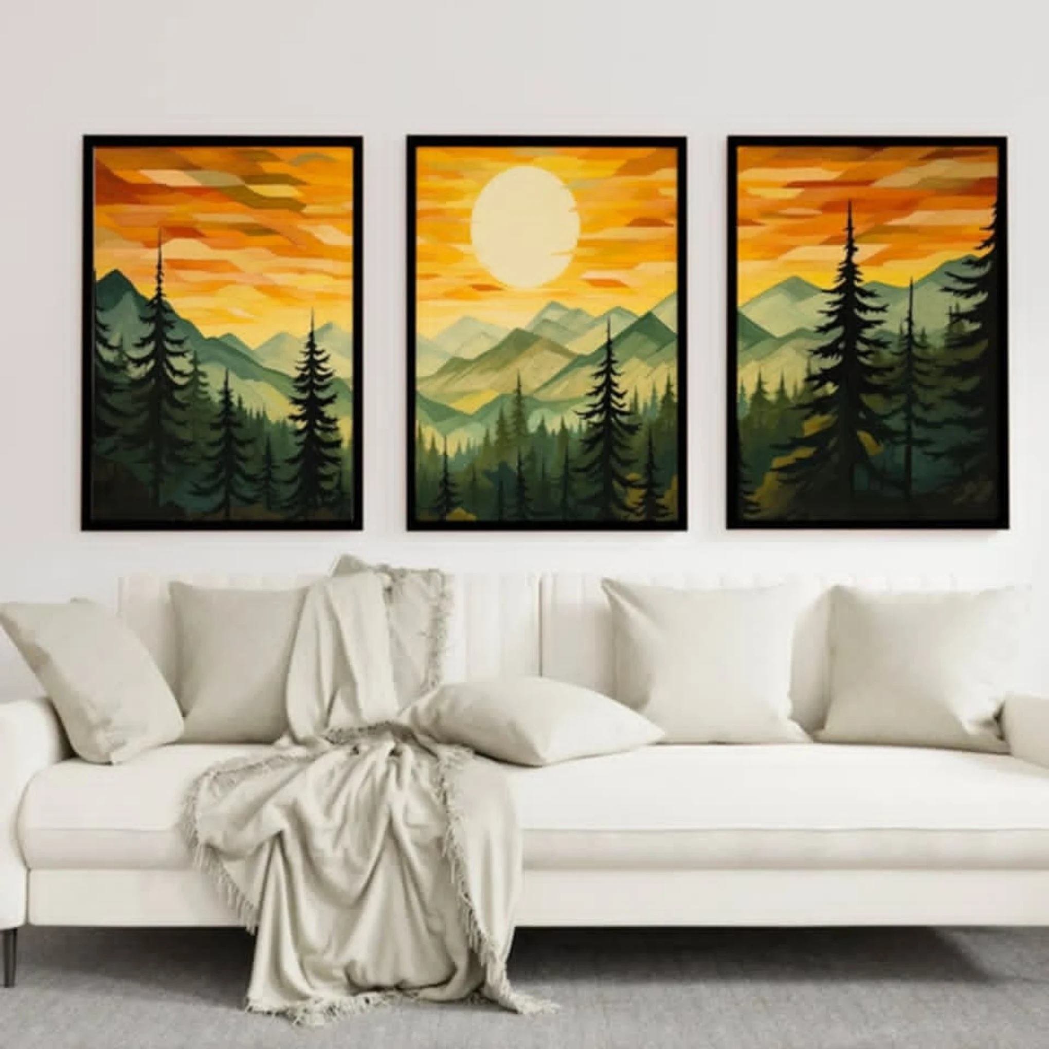 Set of 3 Green Sun Forest Mountain