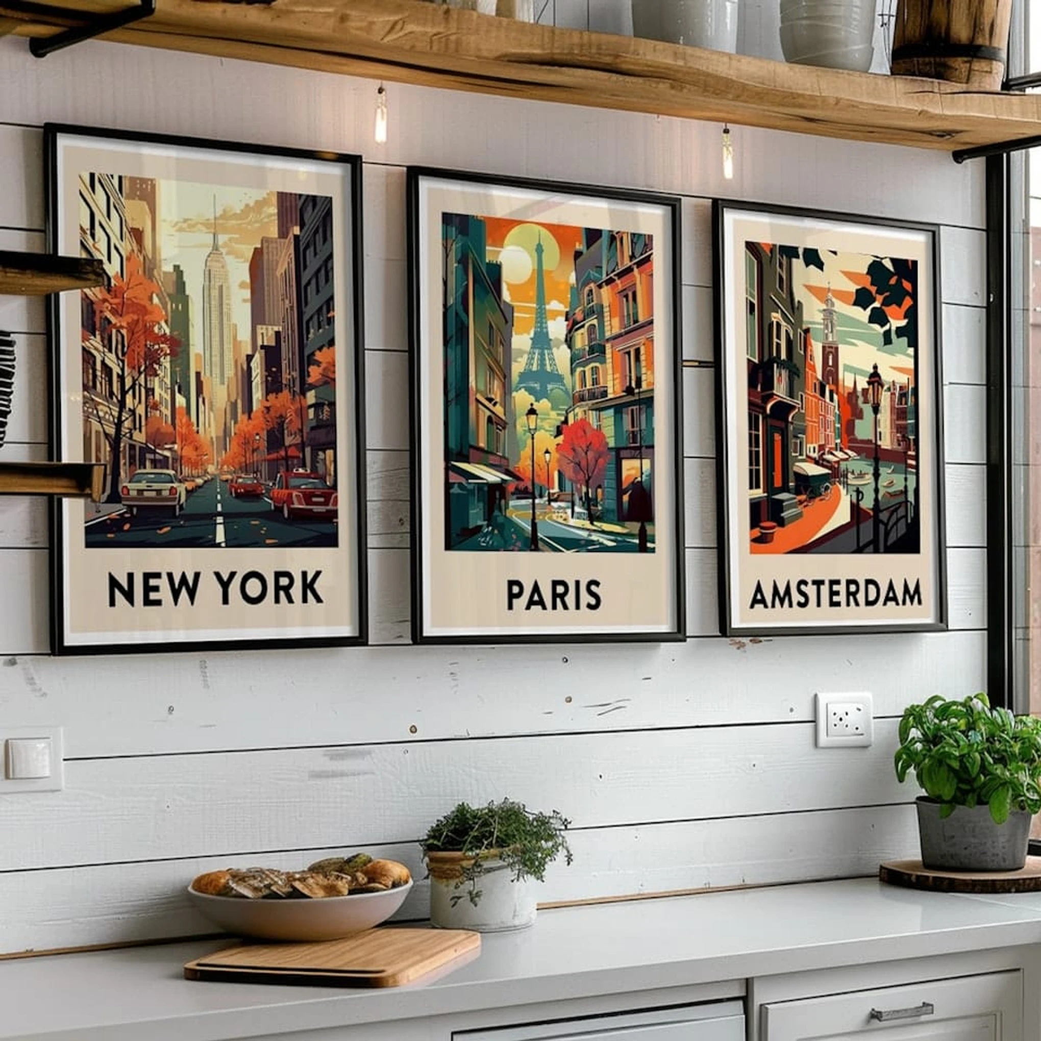 Set of 3 Vintage Travel Posters New York, Paris, Amsterdam