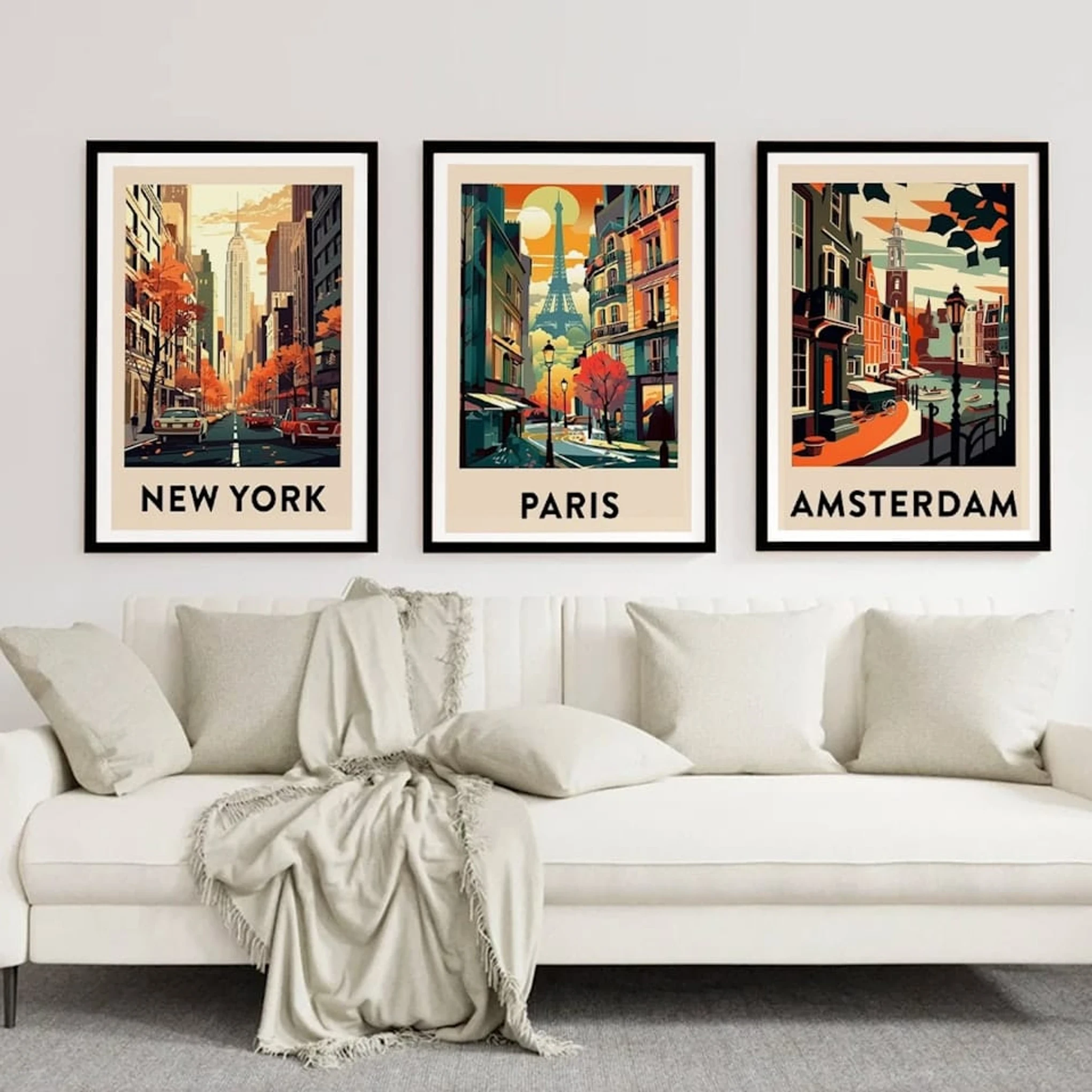 Set of 3 Vintage Travel Posters New York, Paris, Amsterdam