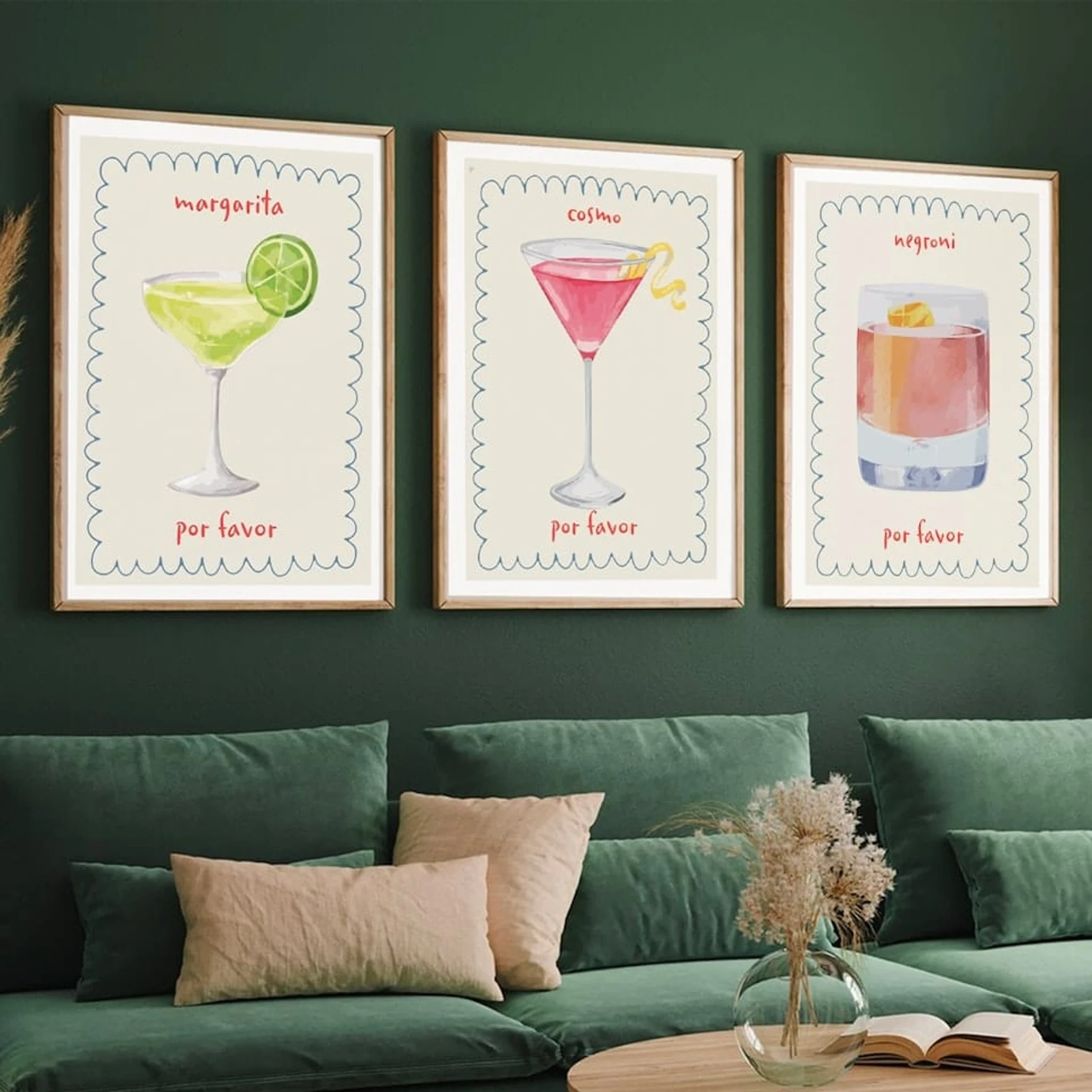 Set of 3 Cocktails Illustrations Margarita Cosmo Negroni