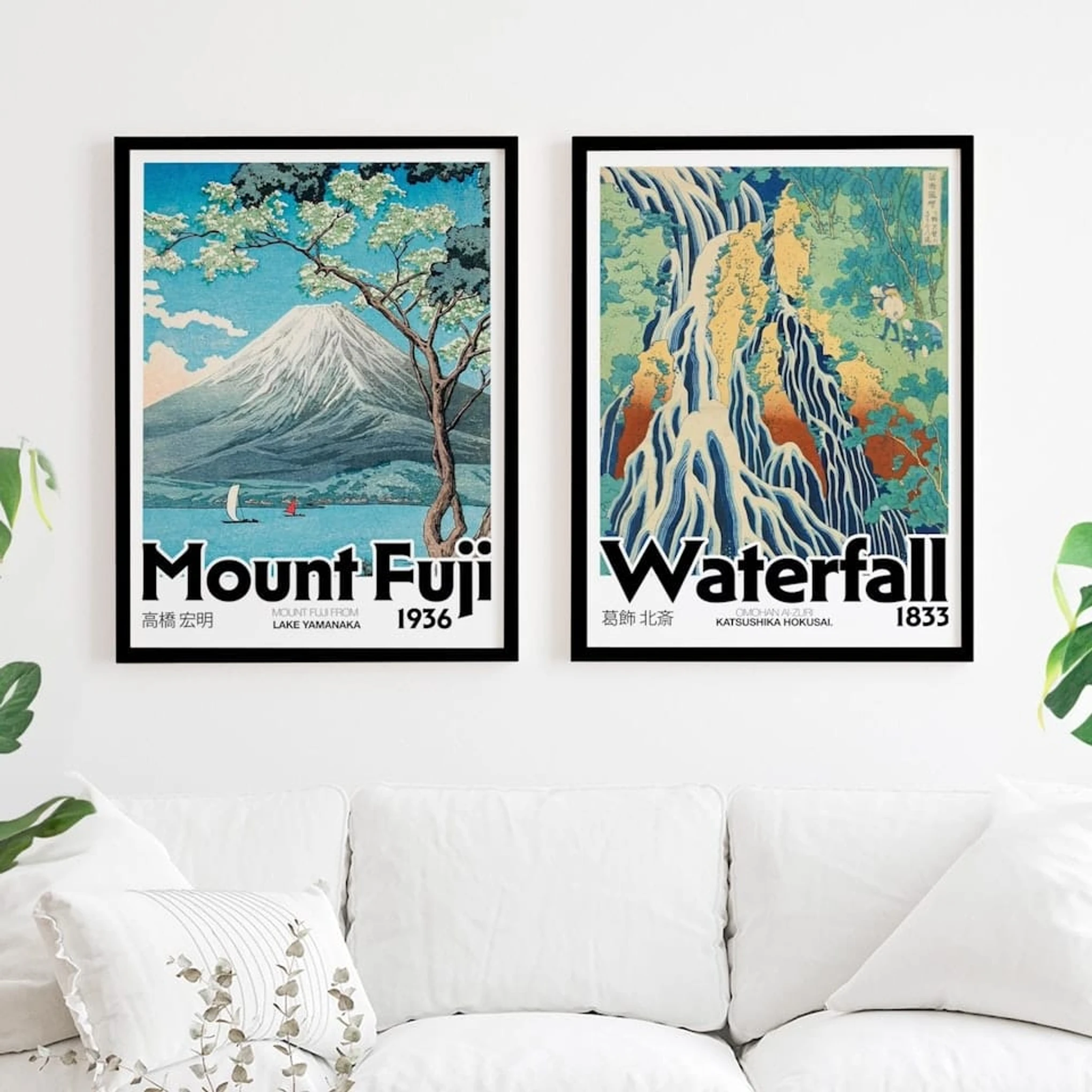 Set of 2 Japanese Modern Graphics Mount Fuji Waterfall Hokusai