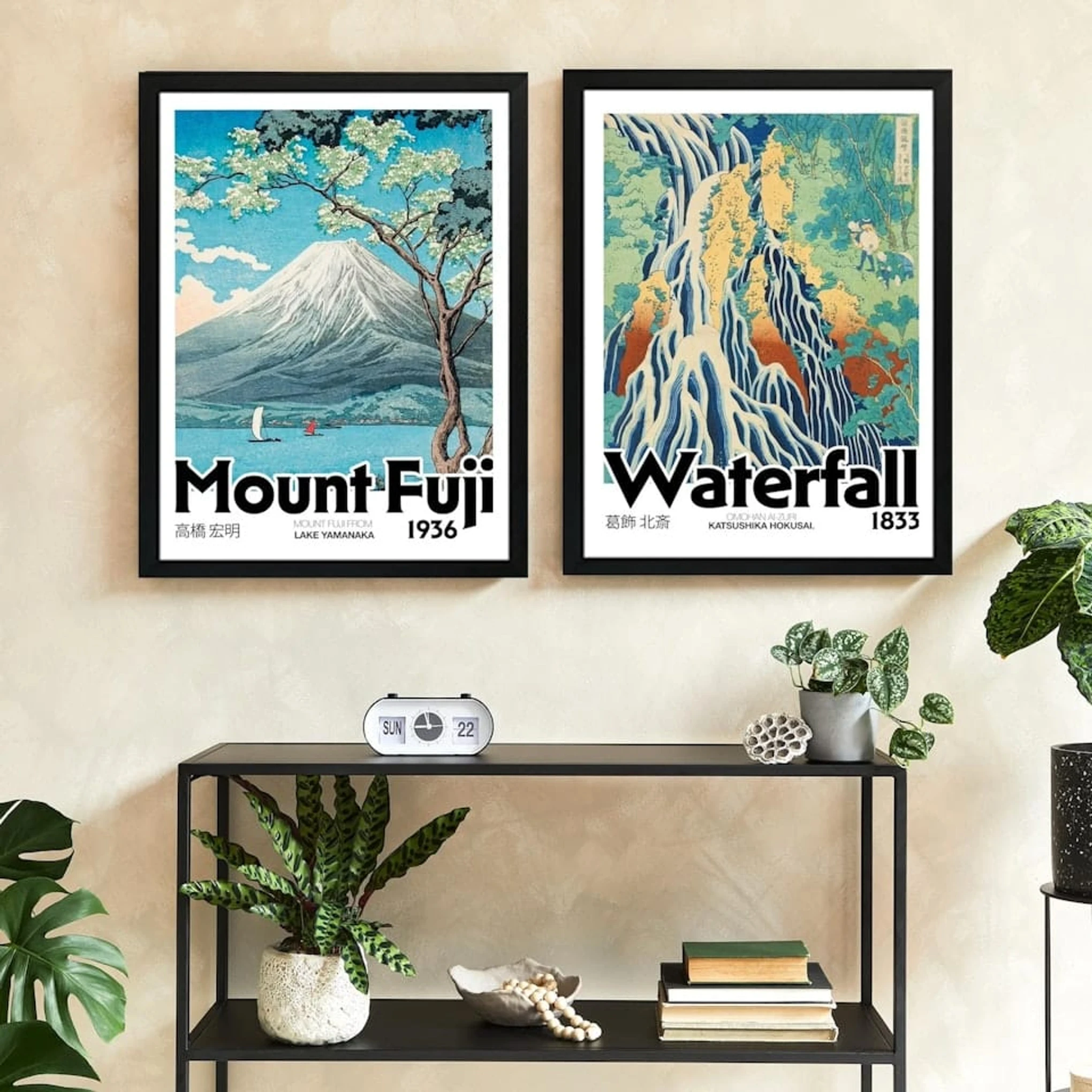 Set of 2 Japanese Modern Graphics Mount Fuji Waterfall Hokusai