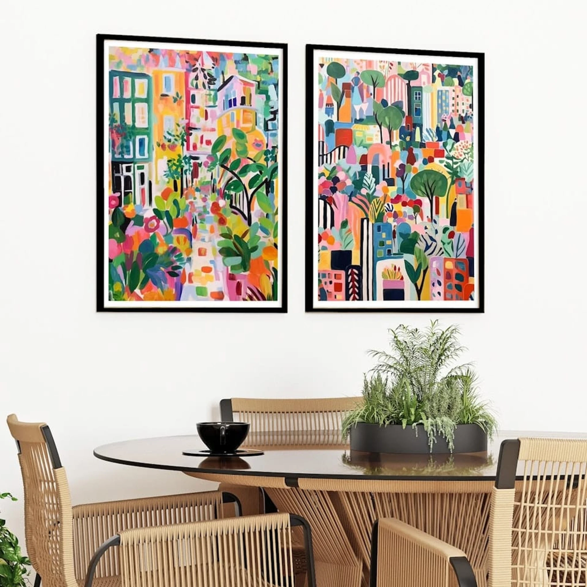 Set of 2 Summer Pattern Maximalist Abstract - Black Framed Art